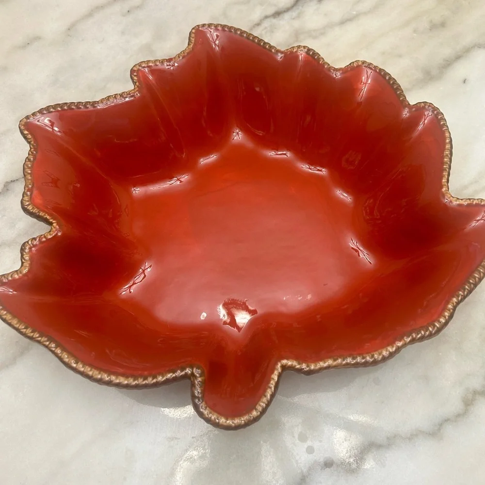 Temp-Tations Orange Leaf-Shaped Decorative Serving Bowl with Gold Trim